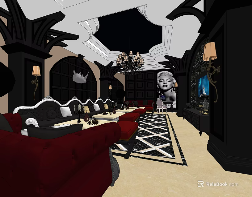 Luxurious KTV Room Interior With Red Sofas Black Decor Chandelier And Checkered Carpet 3d model 