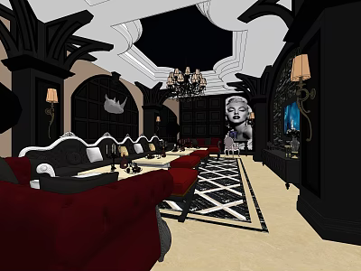 Luxurious KTV Room Interior With Red Sofas Black Decor Chandelier And Checkered Carpet 3d model