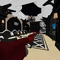 Luxurious KTV Room Interior With Red Sofas Black Decor Chandelier And Checkered Carpet