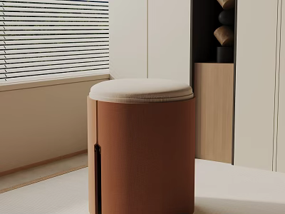 Brown Round Side Table With Beige Upholstered Top Near Wooden Cabinet Blinds And Beige Wall 3d model