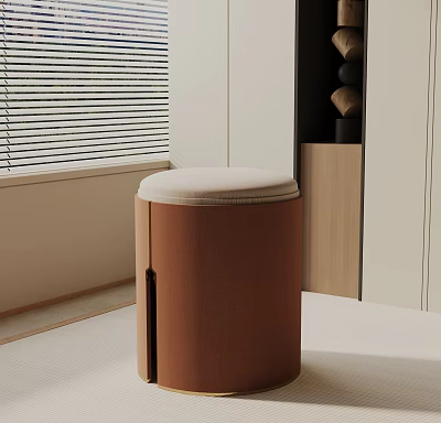 Brown Round Side Table With Beige Upholstered Top Near Wooden Cabinet Blinds And Beige Wall 3d model