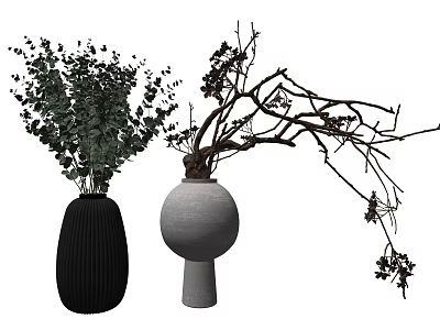 Modern Black Ribbed And White Round Vases With Green Foliage And Twigs Decor 3d model