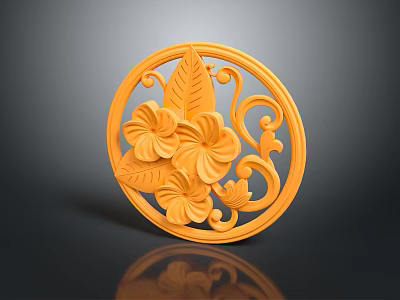 Orange Circular Carved Decorative Plaque With Floral Leaf And Scroll Patterns 3d model