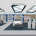 Car Dealership Showroom With New Cars Auto Parts Display Blue Wave Ceiling Information Kiosks