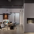 Modern Public Office Area With Glass Partitions Workstations And Red Accent Wall