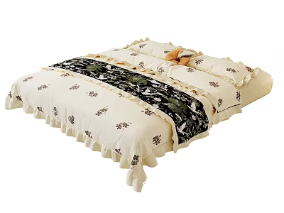 Elegant Beige Bedding Set With Floral Pattern Frilled Edges And Decorative Pillows 3d model
