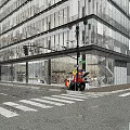 Modern Commercial Street with Glass Curtain Wall Buildings Pedestrians and Traffic Lights on Urban Street