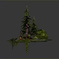 Game Fantasy Character 3D Model in Lush Grass with Pine Trees Mushrooms Stones and Vines