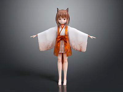 Anime Girl With Cat Ears Wearing Traditional White Orange Kimono 3d model