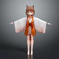 Anime Girl With Cat Ears Wearing Traditional White Orange Kimono
