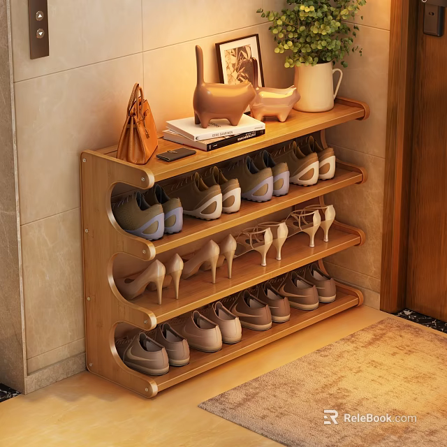 Wooden Multi tiered Shoe Rack With Various Shoes Decorative Pig Figurine Plant Pot And Books 3d model 
