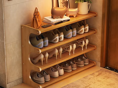 Wooden Multi tiered Shoe Rack With Various Shoes Decorative Pig Figurine Plant Pot And Books 3d model