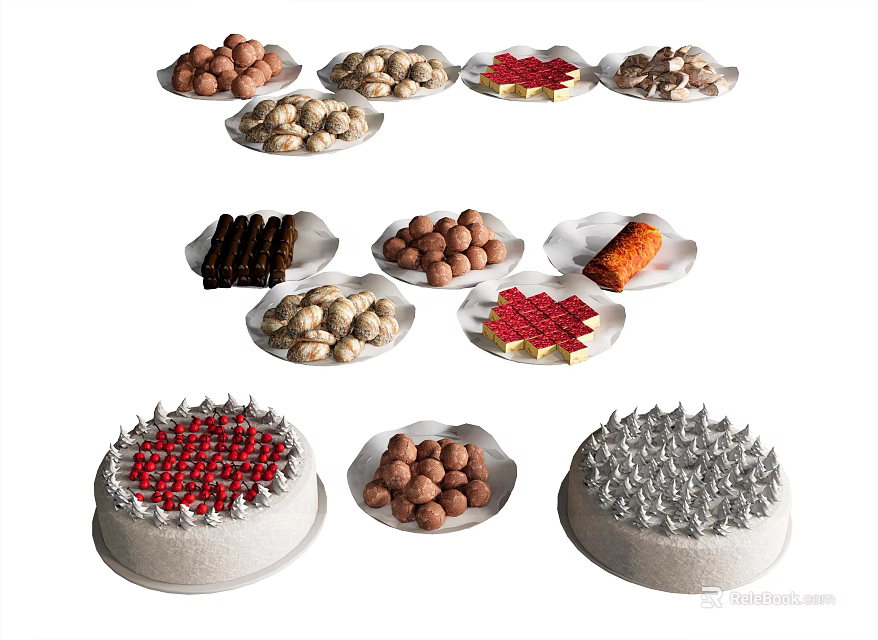 Variety of Assorted Dessert Plates With Chocolate Balls Cookies And Cakes 3d model 