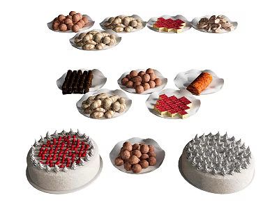Variety of Assorted Dessert Plates With Chocolate Balls Cookies And Cakes 3d model