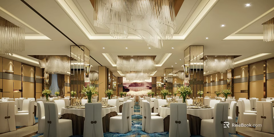 Luxurious Banquet Hall Interior With Crystal Chandeliers Dining Tables White Chairs And Flower Decorations 3d model 