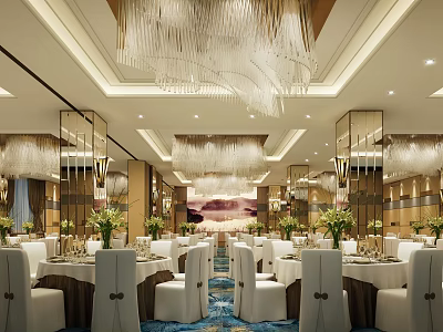 Luxurious Banquet Hall Interior With Crystal Chandeliers Dining Tables White Chairs And Flower Decorations 3d model