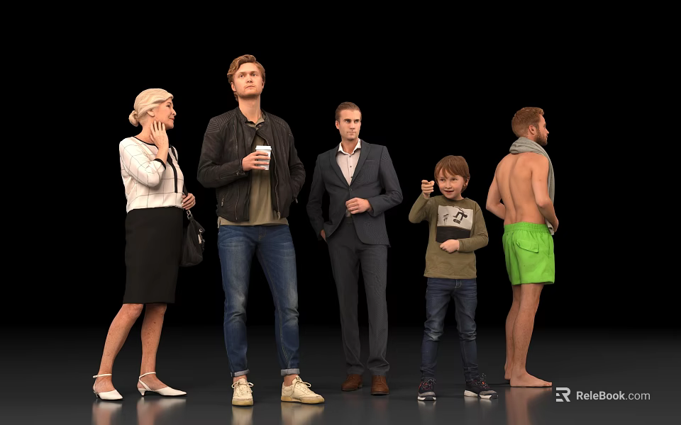 Group of People Including Woman Man Young Boy and Shirtless Individual in Different Outfits Standing 3d model 