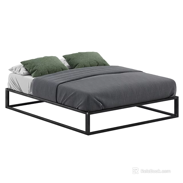Modern Double Bed With Black Metal Frame Gray Comforter And Green Pillows 3d model 