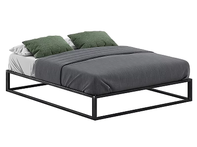 Modern Double Bed With Black Metal Frame Gray Comforter And Green Pillows 3d model