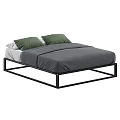 Modern Double Bed With Black Metal Frame Gray Comforter And Green Pillows