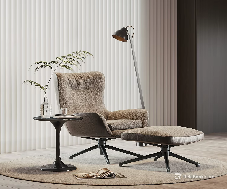 Fabric Accent Chair with Ottoman Side Table Floor Lamp Potted Plant and Vertical Slat Wall 3d model 