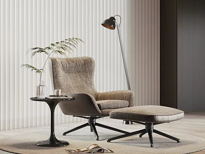 Fabric Accent Chair with Ottoman Side Table Floor Lamp Potted Plant and Vertical Slat Wall 3d model