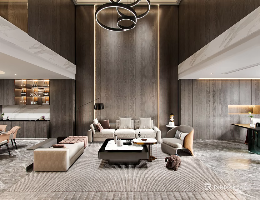 Duplex Living Room Modern Interior Design With Wooden Walls Hanging Lamp Sofa And Coffee Table 3d model 