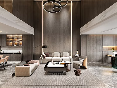 Duplex Living Room Modern Interior Design With Wooden Walls Hanging Lamp Sofa And Coffee Table 3d model