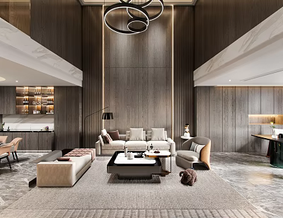 Duplex Living Room Modern Interior Design With Wooden Walls Hanging Lamp Sofa And Coffee Table 3d model