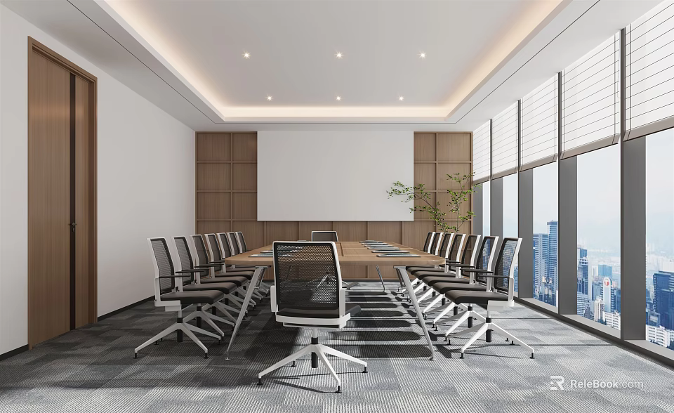 Modern Conference Room Interior With Long Table Ergonomic Chairs Large Windows And Projection Screen 3d model