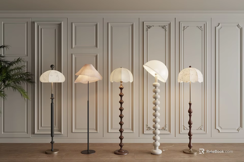 Stylish Floor Lamps With Various Base And Shade Designs On Wooden Floor Against Decorative Wall 3d model 