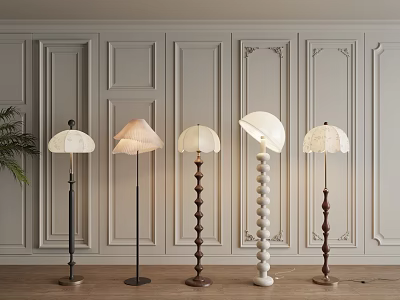 Stylish Floor Lamps With Various Base And Shade Designs On Wooden Floor Against Decorative Wall 3d model