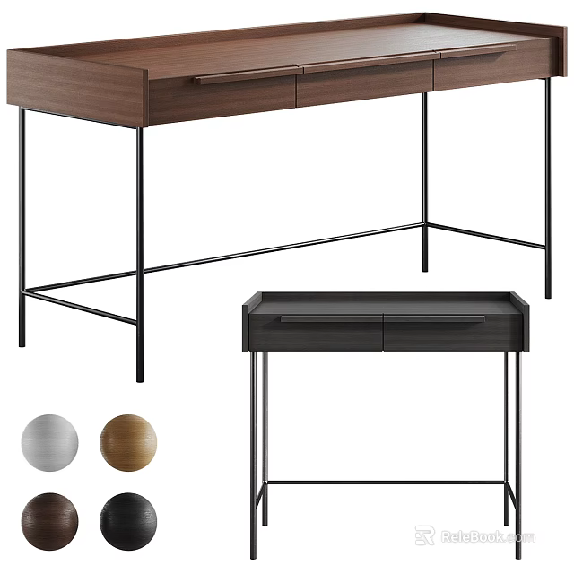 Modern Walnut Desk With Black Metal Frame Multiple Drawers And Minimalist Design 3d model 