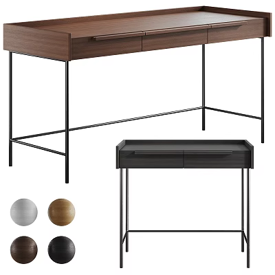 Modern Walnut Desk With Black Metal Frame Multiple Drawers And Minimalist Design 3d model