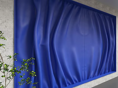 Blue Wavy Textured Background Wall With Gray Cement Surrounding And Green Plants 3d model
