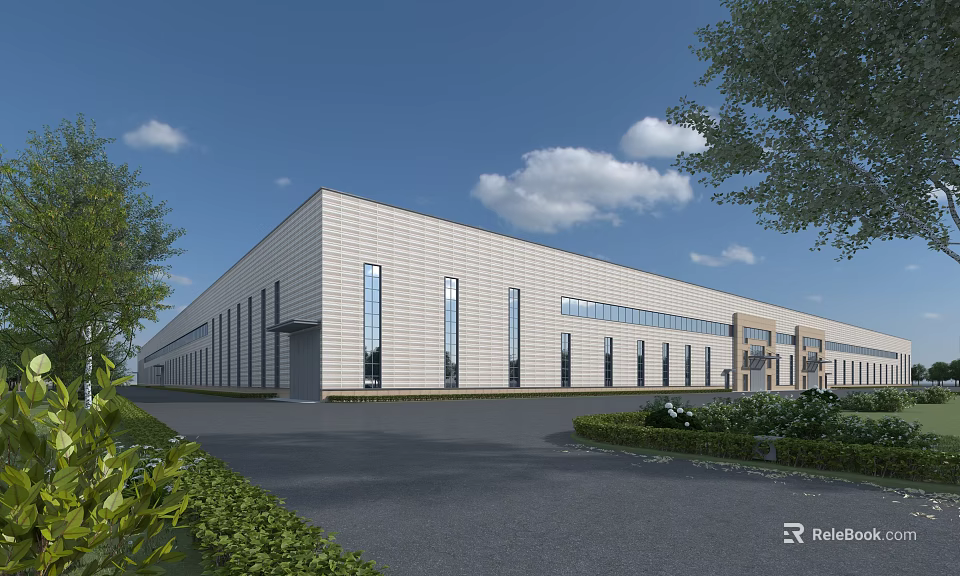 Industrial Factory Building Modern Exterior Design With Large Windows Spacious Entrance And Green Landscaping 3d model 
