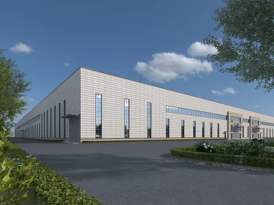 Industrial Factory Building Modern Exterior Design With Large Windows Spacious Entrance And Green Landscaping 3d model