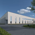 Industrial Factory Building Modern Exterior Design With Large Windows Spacious Entrance And Green Landscaping