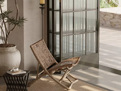 Rattan Woven Leisure Chair On Porch With Small Table Floor Lamp And Glass Door 3d model