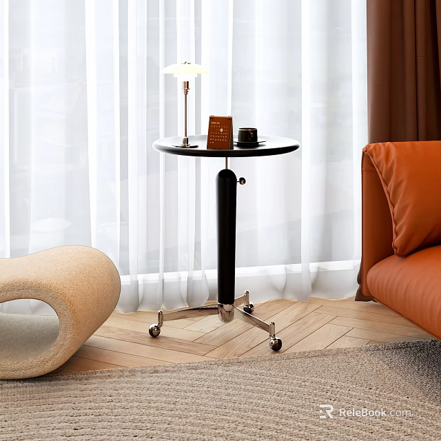 Black Side Table with Wheels and Lamp on Top Near Sofa in Living Room 3d model 