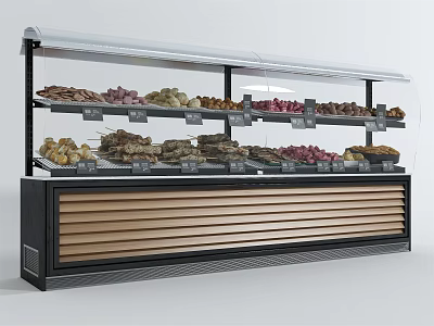 Modern Glass Door Refrigerated Display Shelf Featuring Layered Assorted Foods And Wooden Base 3d model