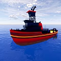 Tugboat With Orange Top And Black Body Sailing On Blue Sea Surface