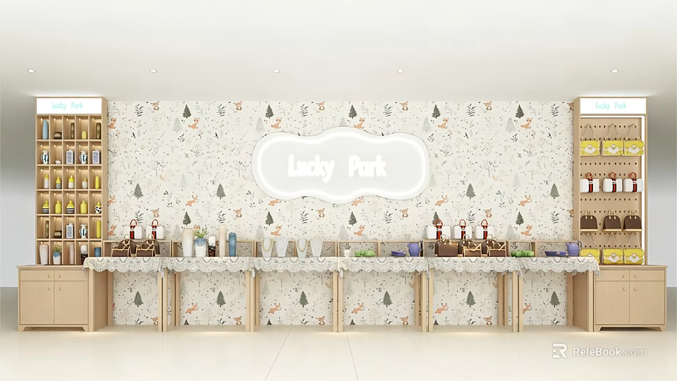 Lucky Park Themed Furniture Showroom with Tree Pattern Wall and Display Counter 3d model 