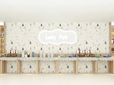 Lucky Park Themed Furniture Showroom with Tree Pattern Wall and Display Counter 3d model