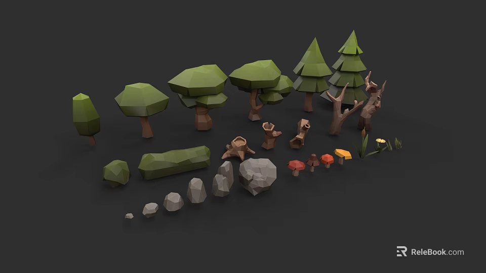 Low Poly Style Botanical Illustrations With Trees Stones and Mushrooms 3d model 