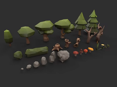Low Poly Style Botanical Illustrations With Trees Stones and Mushrooms 3d model