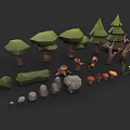 Low Poly Style Botanical Illustrations With Trees Stones and Mushrooms