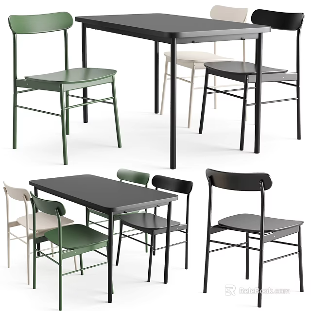 Modern Home Dining Table Chair Set With Green Black White Seats And Minimalist Design 3d model 