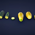 Fresh Zucchini Whole and Sliced On Dark Background Displaying Inner Texture