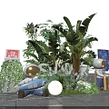 Decorative Outdoor Scene With Astronaut Figures Tropical Green Plants Illuminated Spherical Lights And Colorful Signboards